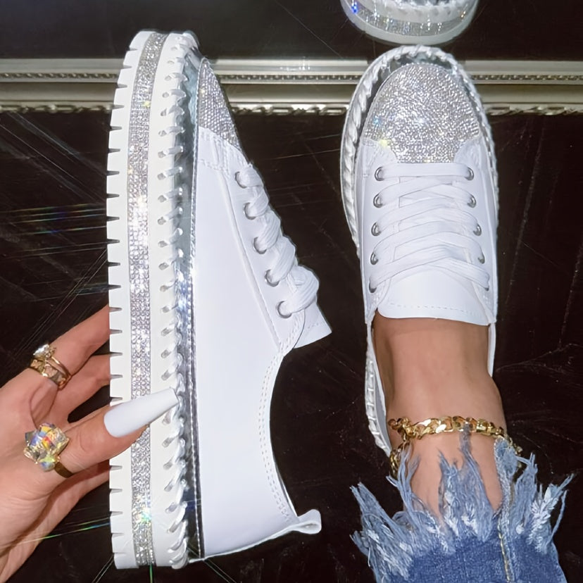 Glittering Rhinestone Women's Sneakers, Fashionable Platform Casual Shoes, Comfortable Versatile White Lace-up Flats Plus Size